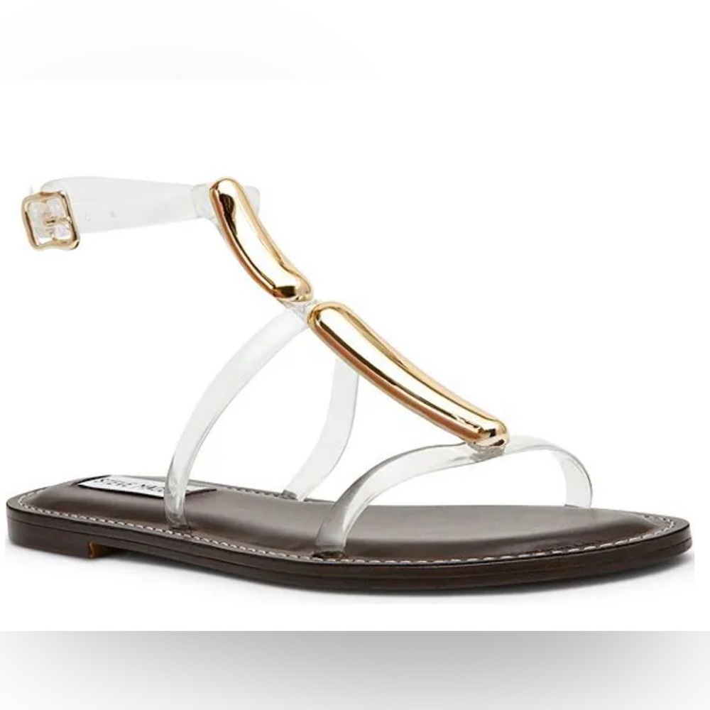 STEVE MADDEN Alma Clear Hardware Detail Gladiator T-Strap Flat Sandals